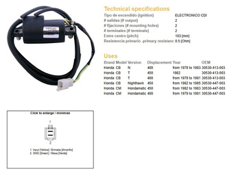 Dze cewka zapłonowa honda cb 400 '78-83, cb 450 nighthawk '82-85 (oem 30530-413-003)