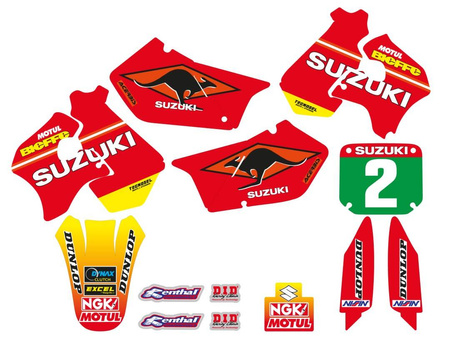 Komplet naklejek (oklein) + pokrowiec/poszycie na siedzenie suzuki rm 125/250 '96-'98, replica team suzuki '98