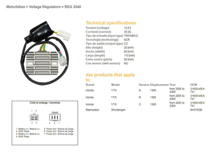 Dze regulator napięcia honda vtx 1300 s/r/c '05-'09 (31600-mea-741) sh579db (12v 35a) (esr437)