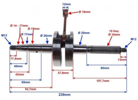 WAŁ KORBOWY SKUTER 2T SWORZEŃ 12MM WIELOKLIN 16
