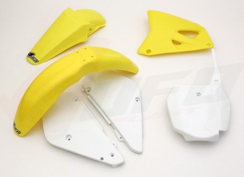 Komplet plastików suzuki rm 85 '00-'24 kolor oem dla roczników 00-15 oraz 18-20 (żółty/biały)