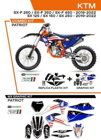 Komplet plastików plukomplet naklejek (oklein) ktm sx/sxf 125/150/250/350/450 '19-'22 w zestawie przednia tablica (kt04094) oraz osłony amortyzatorów (kt04055) patriot kolor czarny