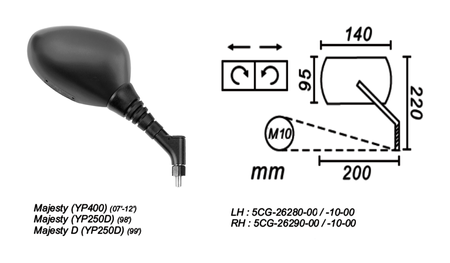 Lusterko Prawe Yamaha Majesty Yp400 2007-2012 Yp250d 1998-99 Power Force