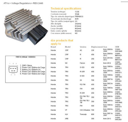 Dze regulator napięcia honda xl650v 01-07, trx350/400/450/700 (esr583) (31600-hn5-671) (35a)