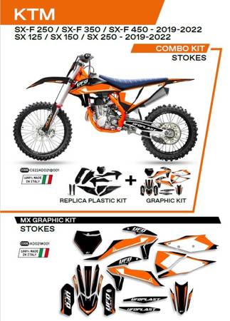 Komplet plastików plukomplet naklejek (oklein) ktm sx/sxf 125/150/250/350/450 '19-'22 w zestawie przednia tablica (kt04094) oraz osłony amortyzatorów (kt04055) stokekolor czarny