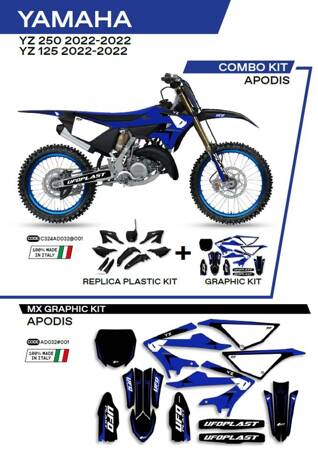 Komplet plastików plukomplet naklejek (oklein) yamaha yz 125/250 '22 w zestawie przednia tablica (ya04860) oraz osłony amortyzatorów (ya04814) apodikolor czarny