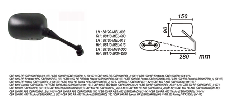 Lusterko prawe honda cbr rr 600/1000, vtr 250 2004-2017 power force